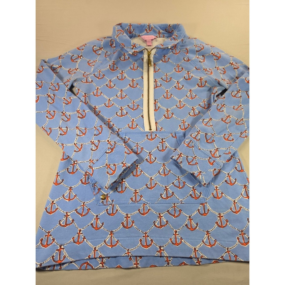 Lilly Pulitzer Skipper Popover Half Zip Sweatshirt Blue Anchor Print Small